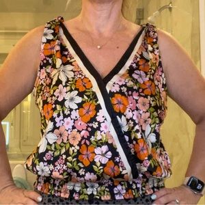 Joie Black Floral Tie-Shoulder Camisole with Pink & Orange Flowers